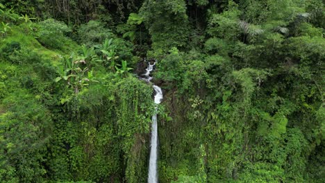 A-waterfall-in-the-depths-of-jungle-environment-in-Bali,-Indonesia