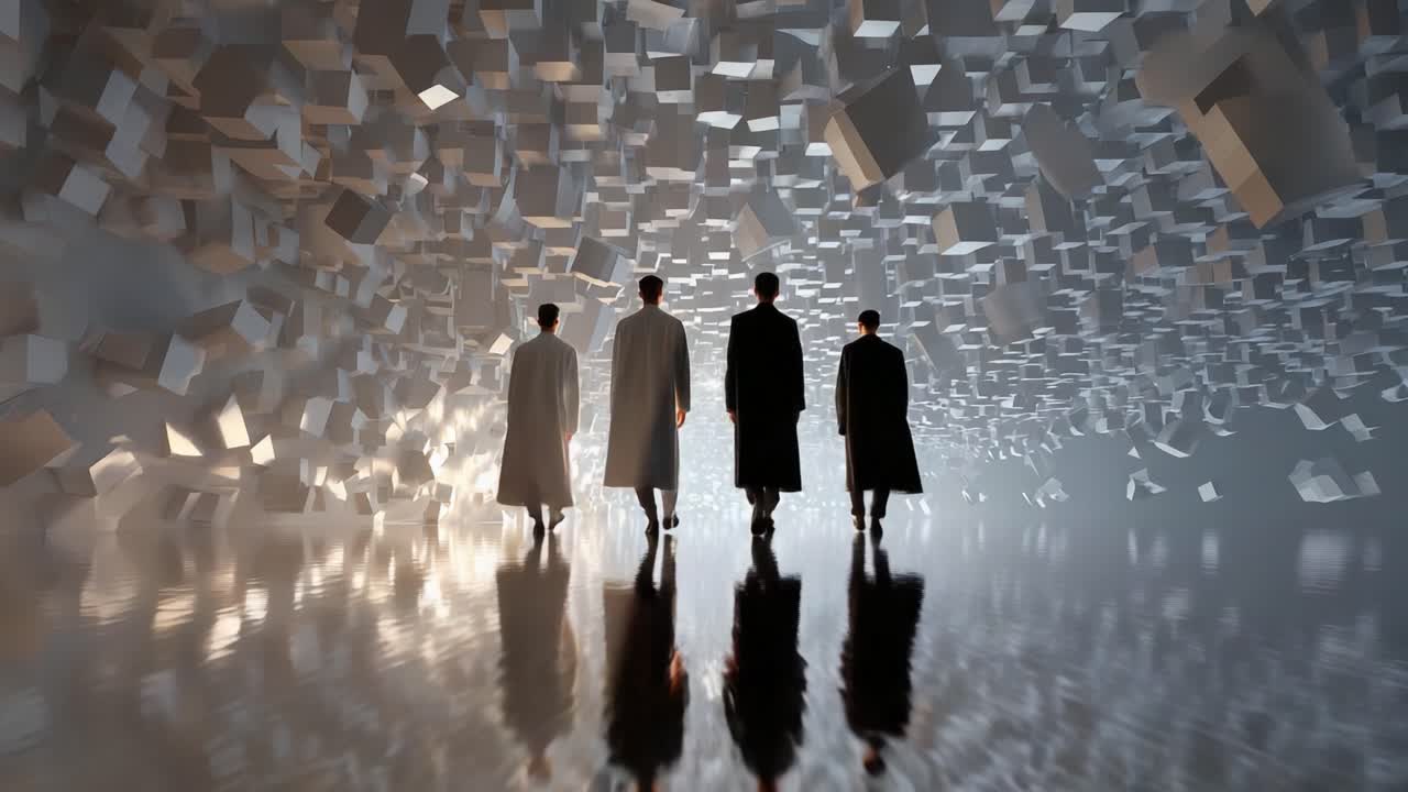 A contemplative journey through an abstract landscape, featuring four figures in flowing robes walking towards a surreal space filled with floating geometric shapes, illuminating the path ahead with soft light
