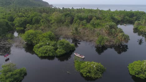 Toma-Aérea-De-Botes-De-Panga-Con-Turistas-Observando-Aves-Y-El-Océano-Detrás-Del-Manglar-La-Ventanilla,-Oaxaca