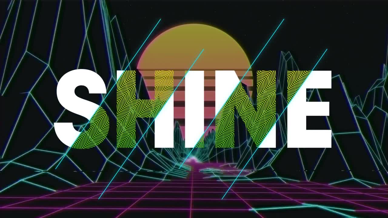 해가 지고  ⁇ 색과 보라색 격자 위에  ⁇ 색과 노란색 텍스트로 빛나는 애니메이션