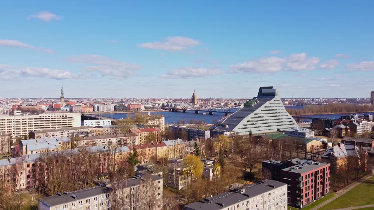 Aerial of Riga cityscape featuring the National Library of Latvia in Pārdaugava area
