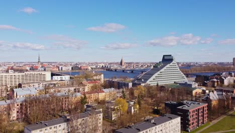 aerial of riga cityscape featuring the national library of latvia in pārdaugava area
