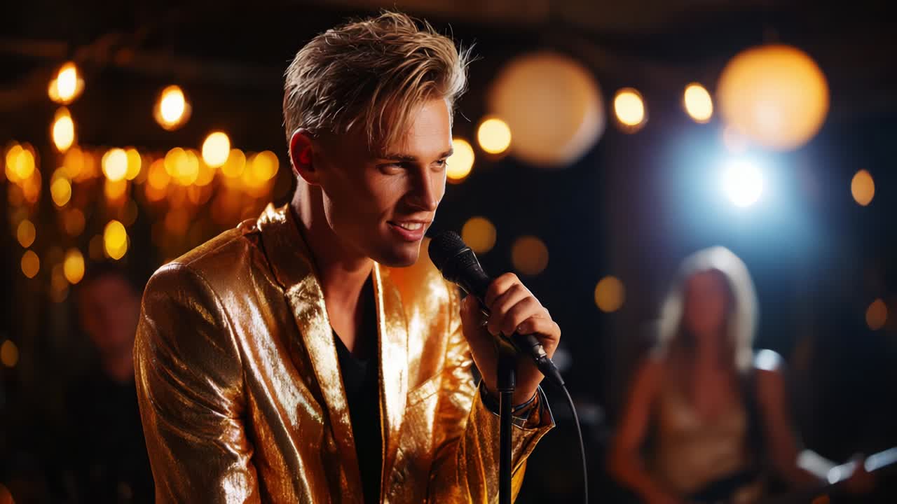 A talented male vocalist is captured in two frames, showcasing his dynamic stage presence while singing into a microphone, dressed in a shining golden jacket, surrounded by warm ambient lighting and a captivated audience