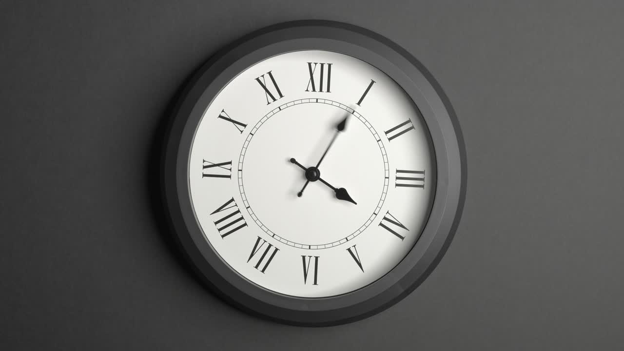 Latin Clock Face in Time Lapse on Dark Grey Wall