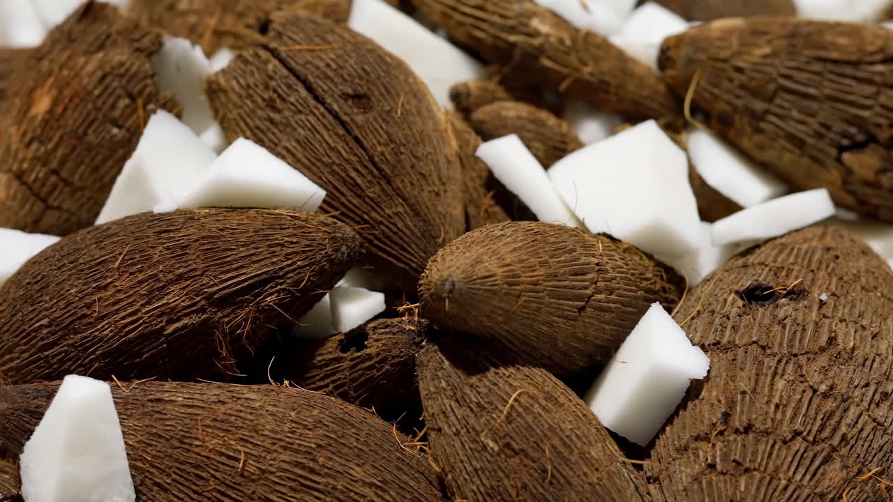 Closeup Of Fresh Coconut Chunks, Rustic Brown Shells And Bright White Flesh, Market Chef Prep For Vegan