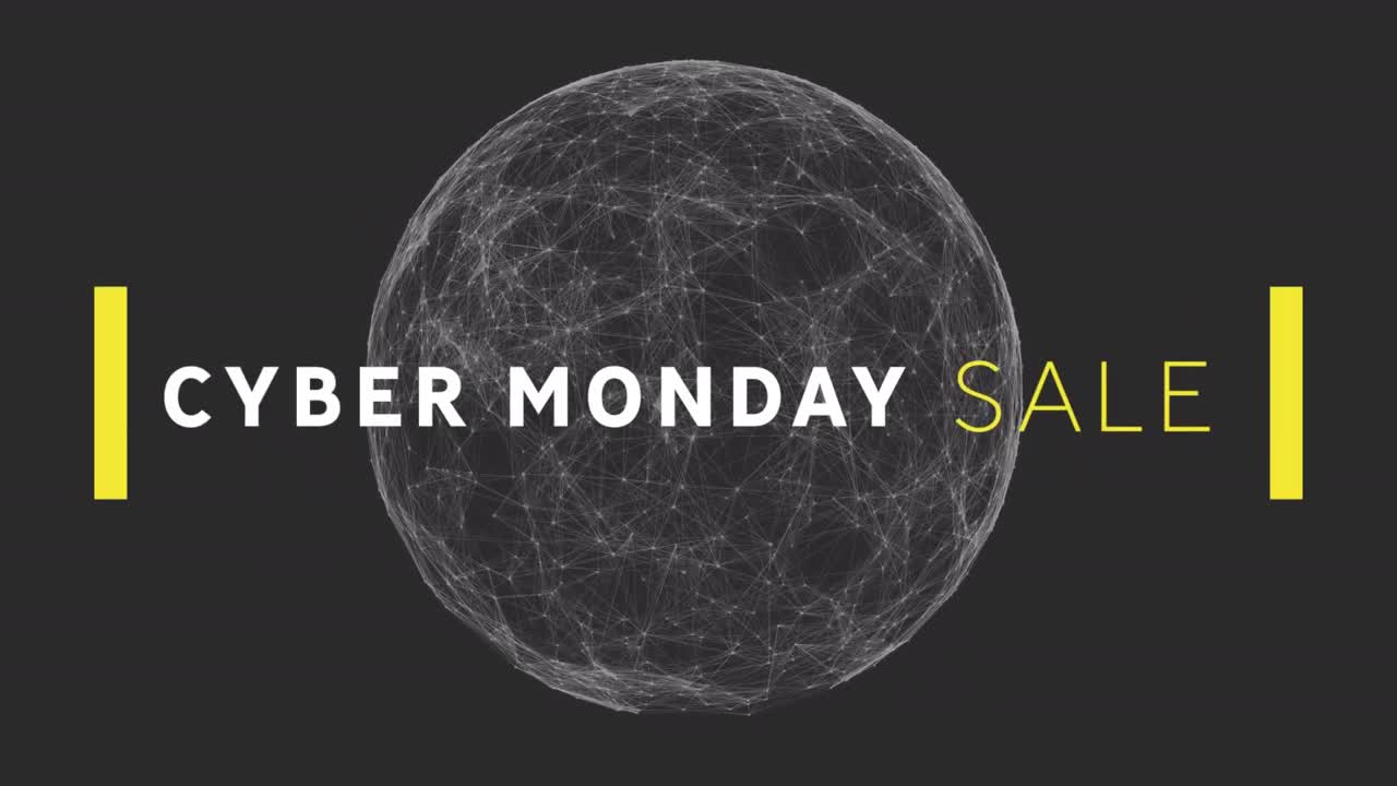 사이버 월요일 텍스트 배너는 검은색 배경에 연결 네트워크의 글로브에 대해