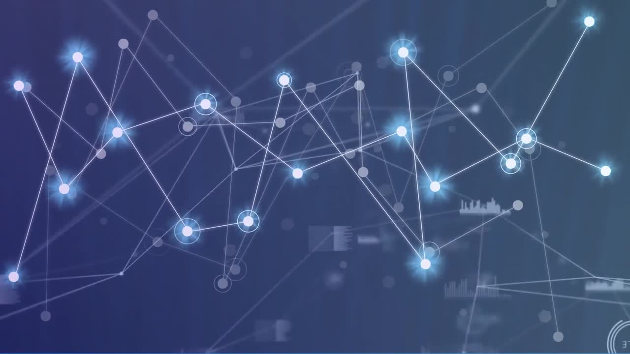 animación de una red brillante de conexiones y procesamiento de datos contra un fondo azul.