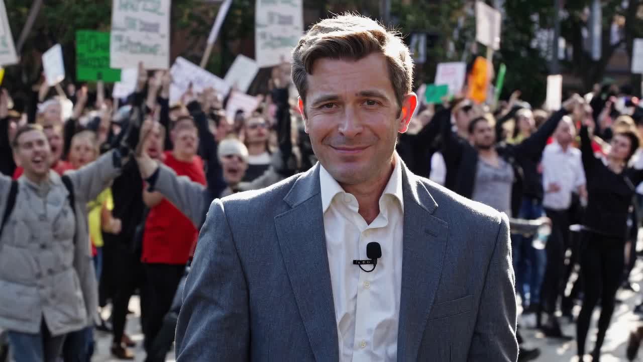 A man in a suit stands confidently in the foreground, facing the camera, with a crowd holding