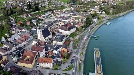 Beautiful-drone-shot-of-the-village-"Grein"-in-austria