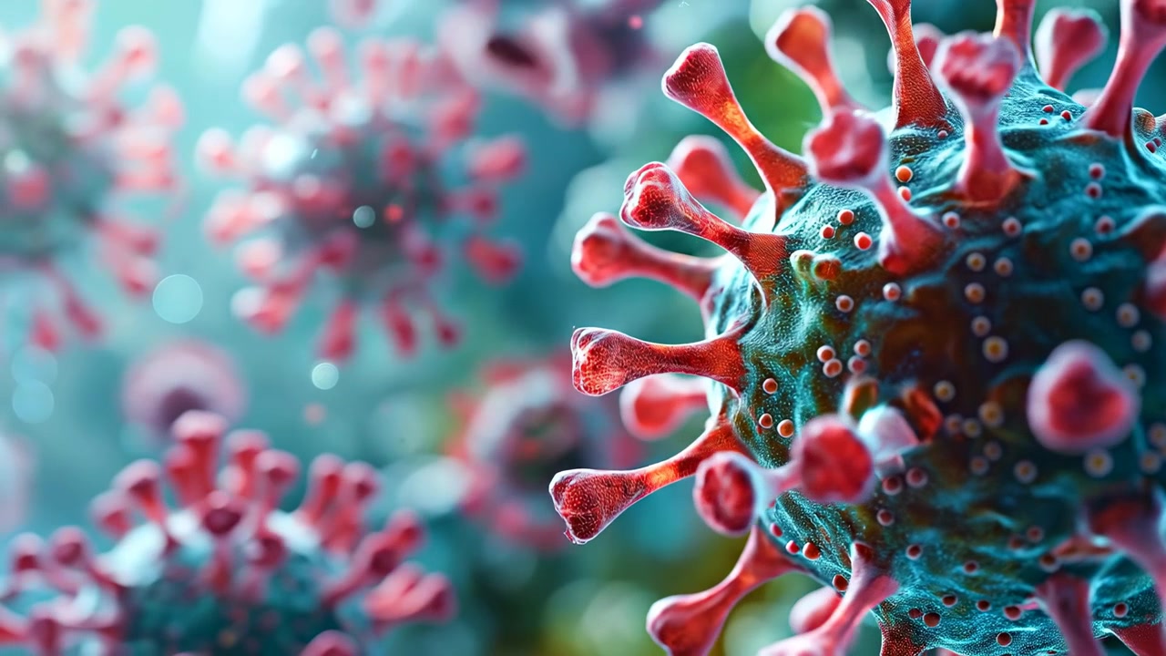 Microscopic view of coronavirus cells with red spike proteins. Close-up details of spherical viral pathogens with distinct red receptors against a teal background.