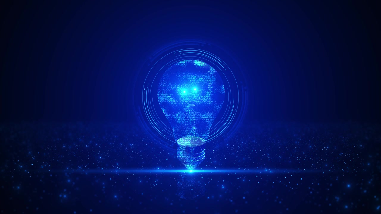 Digital pære lavet af partikler med cirkulære teknologiringe og lyse idéer.