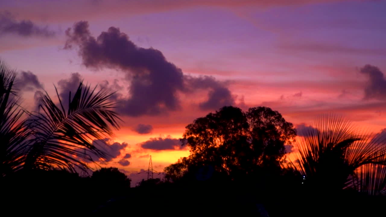 놀라운 오렌지와 핑크색 일몰, 극적인 구름낀 하늘 나무 실루엣