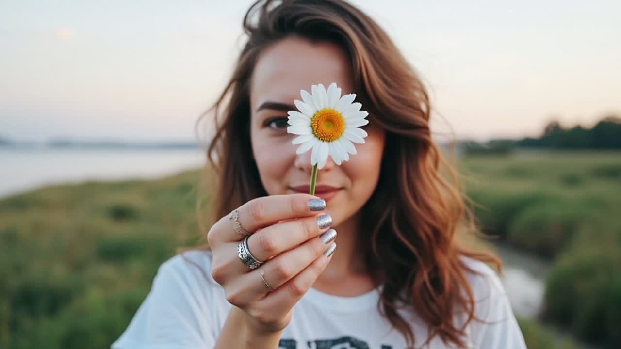 Smiling woman holding a daisy in a field