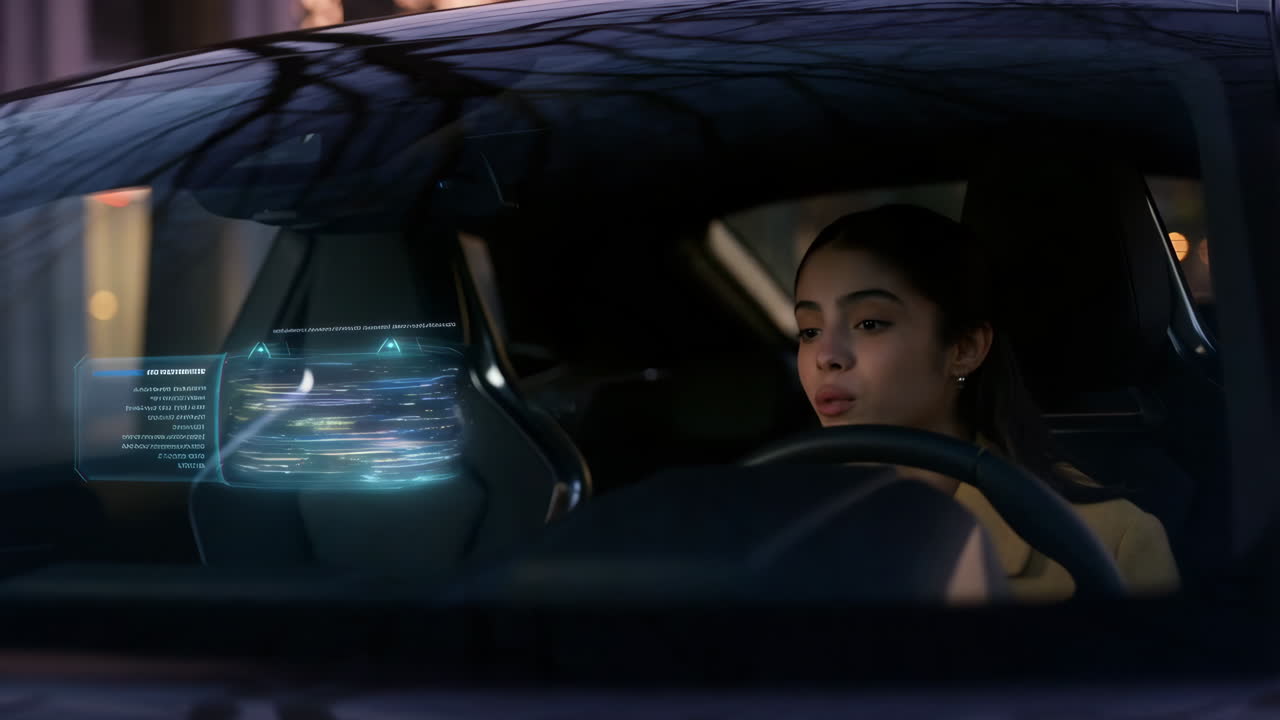 Future Commute: Woman Engages with In-Car AR Technology
