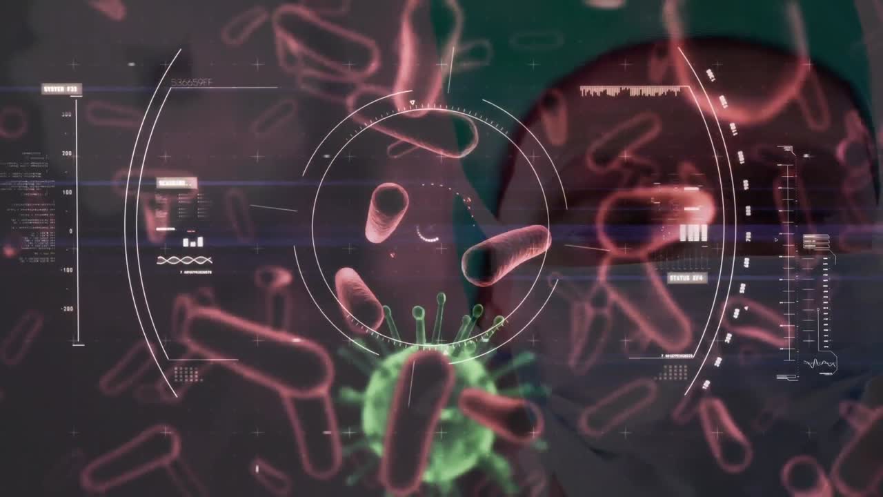 animación de las células de covid-19 escaneo de alcance flotante sobre el cirujano con máscara facial