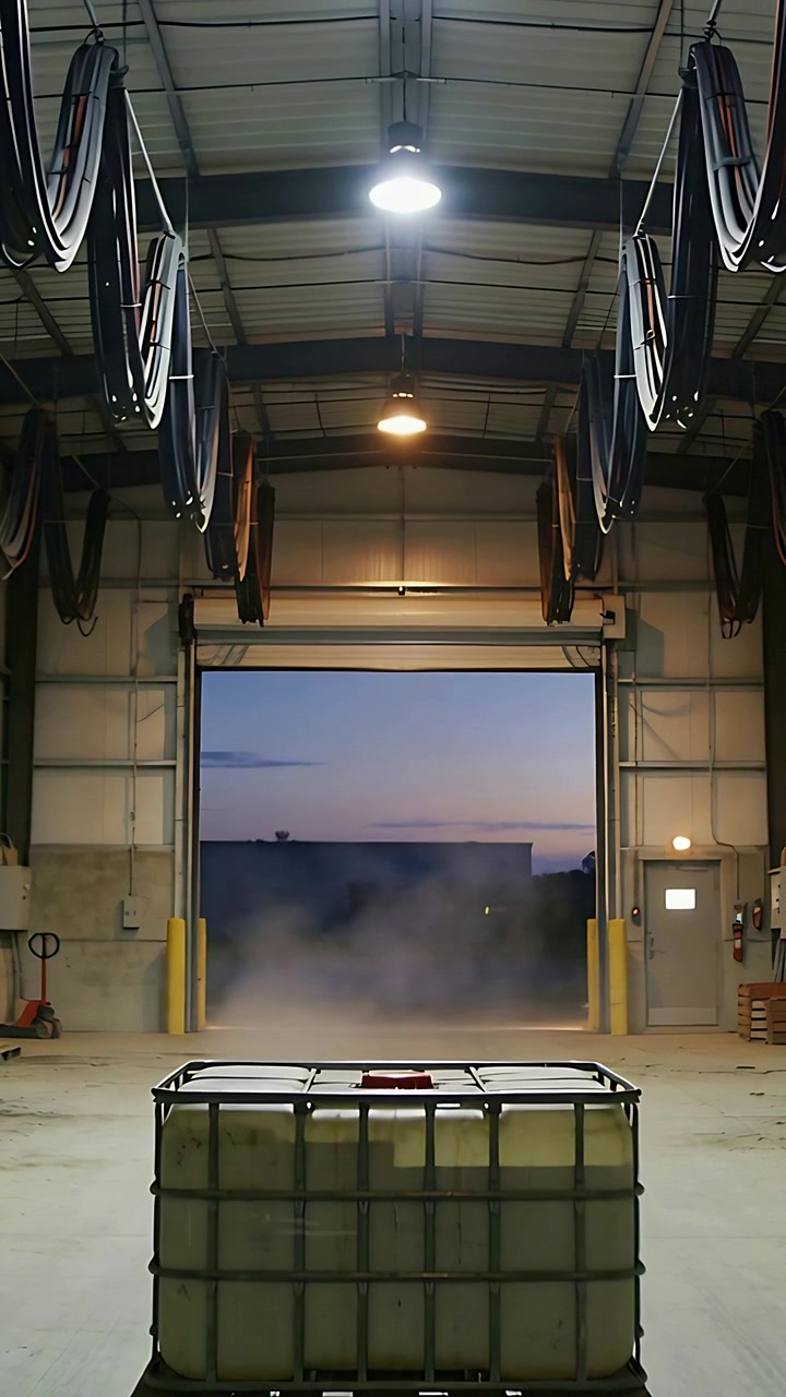 Vertical video: Drifting low vapor entering from open rollup door in service bay, passing IBC tote