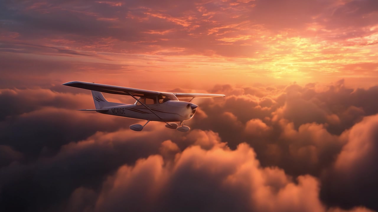 Un bellissimo tramonto sopra le nuvole con un aereo Cessna che vola attraverso il cielo vibrante, catturando l'essenza della libertà e dell'avventura nell'aviazione.
