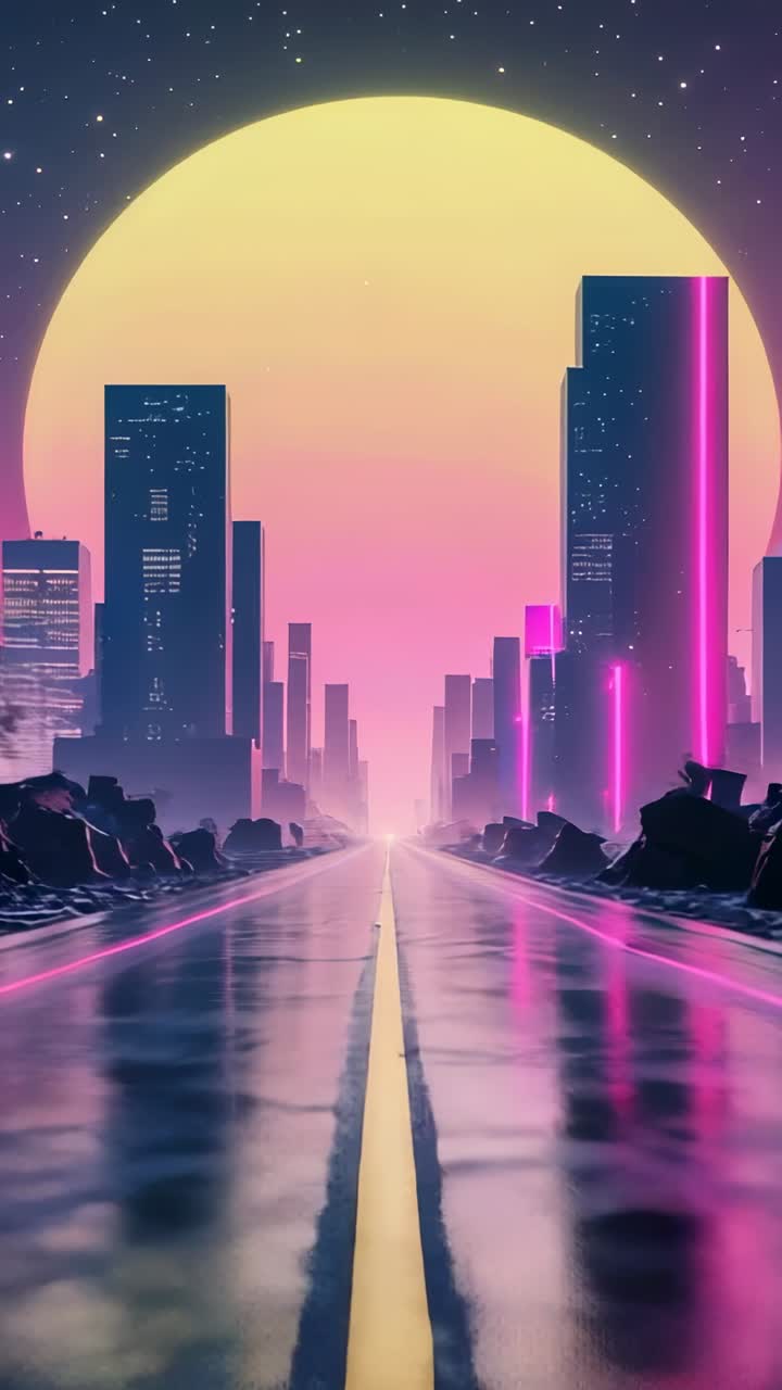 Vertical video: Displaying highway toward neon skyline framed by jagged rocks, under orb