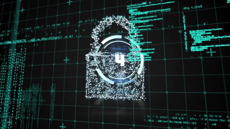 Animation of digital padlock and counting over data processing on black background
