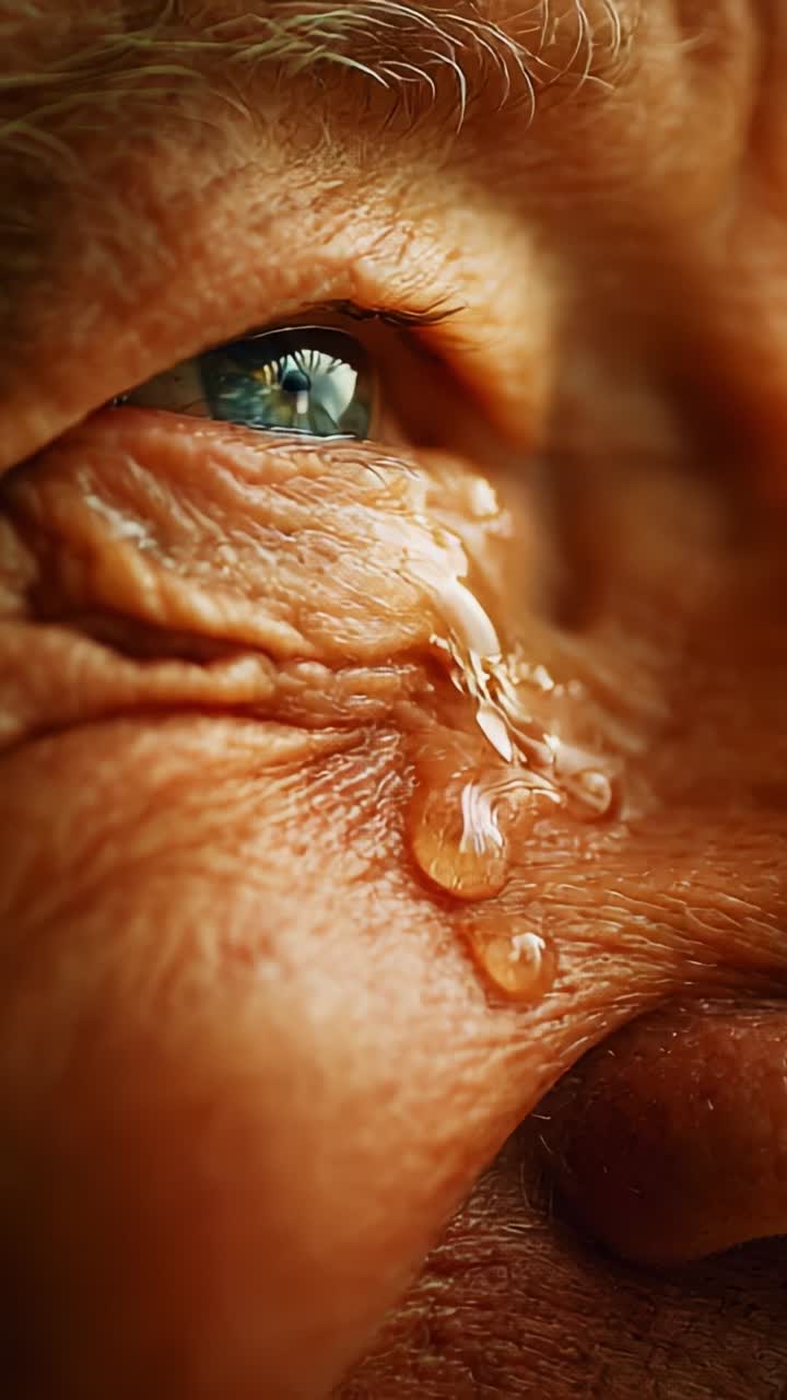 Emotional Depth Captured in a Close-Up of an Elderly Person's Eye, Showcasing Tearful Resilience in the Face of Time and Life's Challenges