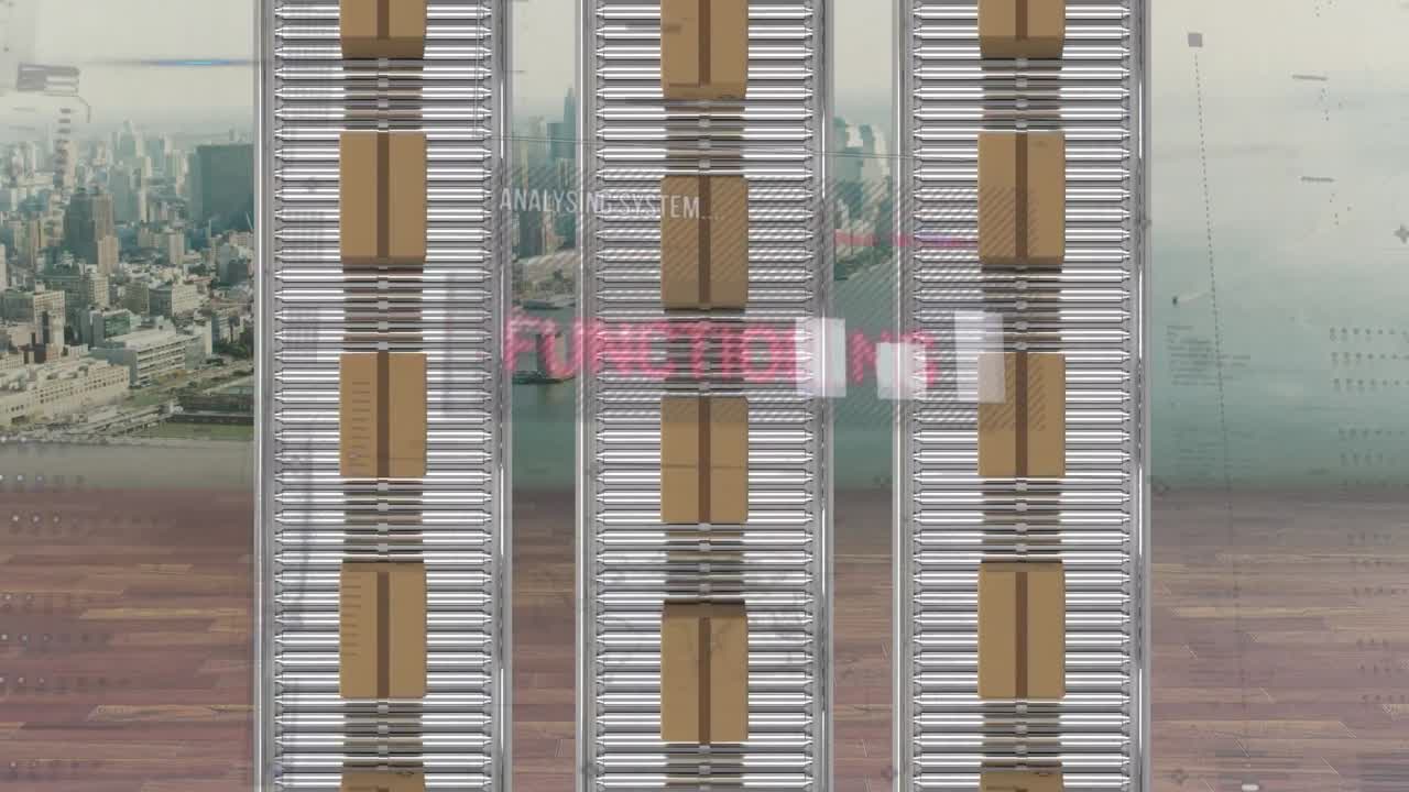 animación del procesamiento de estadísticas sobre cajas de cartón en cintas transportadoras y paisaje urbano
