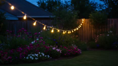 charming outdoor garden decor with twinkling string lights illuminating a colorful flower bed in the evening twilight