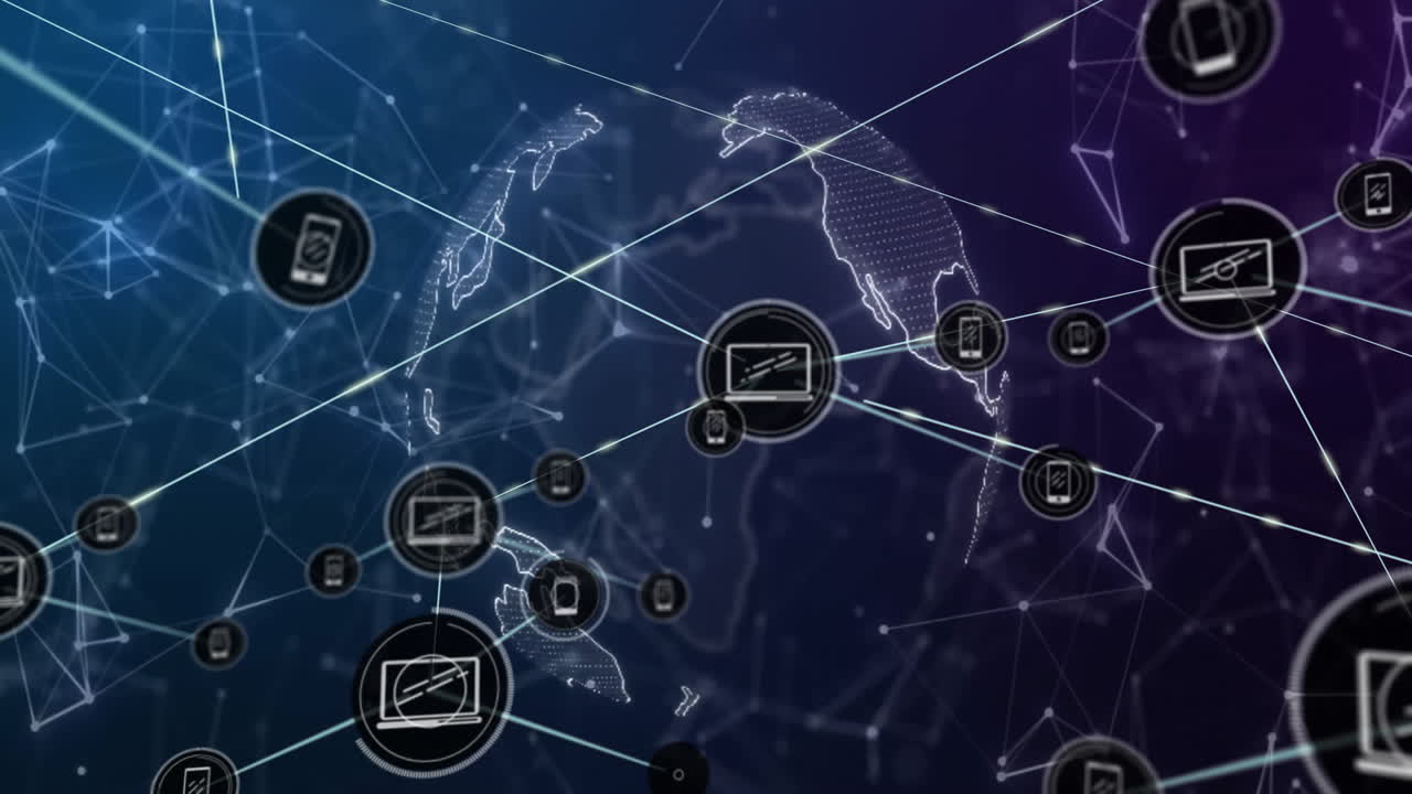 Animation of network of connections with icons over globe and shapes
