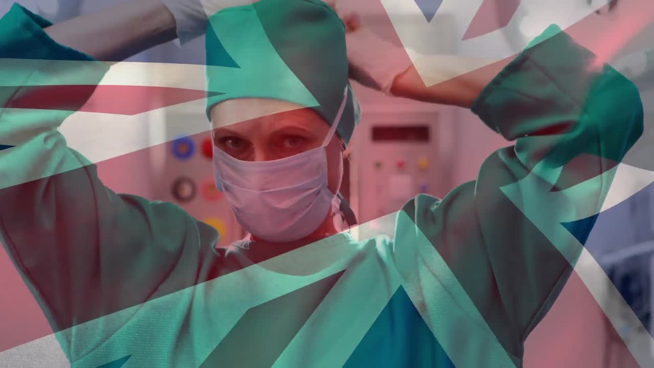 얼굴 마스크를 쓰고 있는 여성 의사 위에 영국  ⁇ 발의 애니메이션