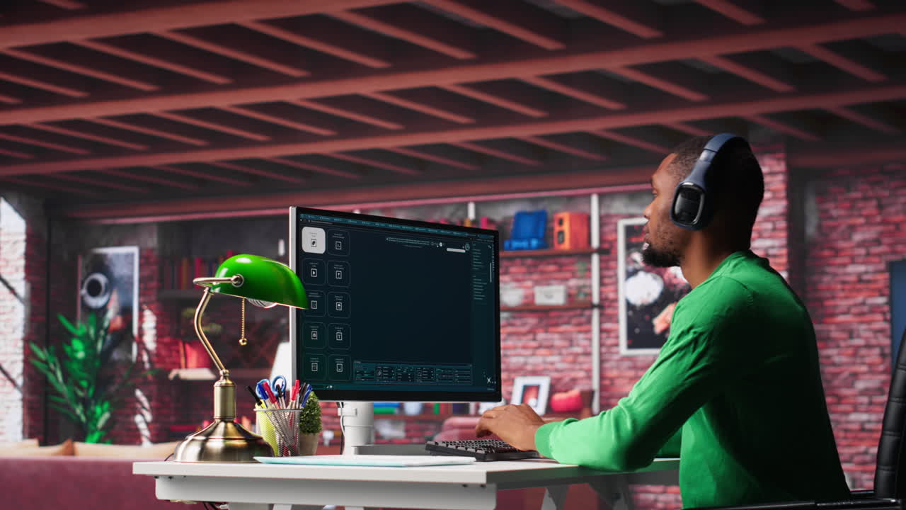 Vertical Video African American worker using generative AI program with photos