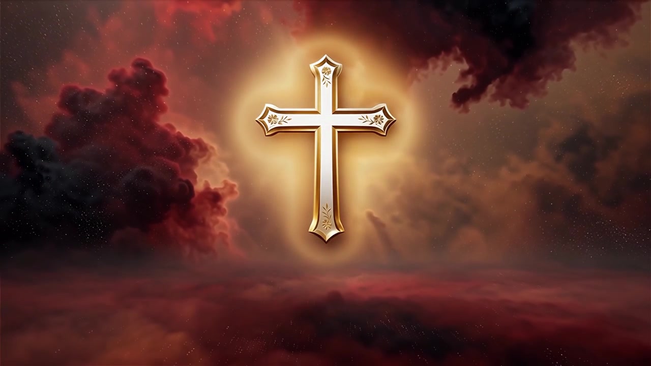 Croix chrétienne, lumière céleste, fond de culte.