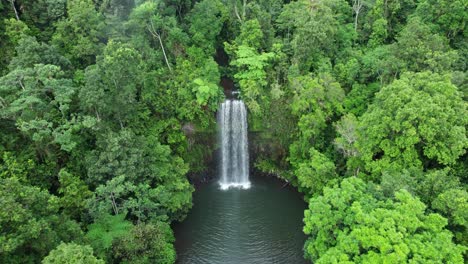 drone-shot-over-Millaa-Millaa-Falls-surrounded-by-lush-rainforest-located-on-the-Waterfalls-Circuit-in-the-Tablelands-region,-Queensland,-Australia