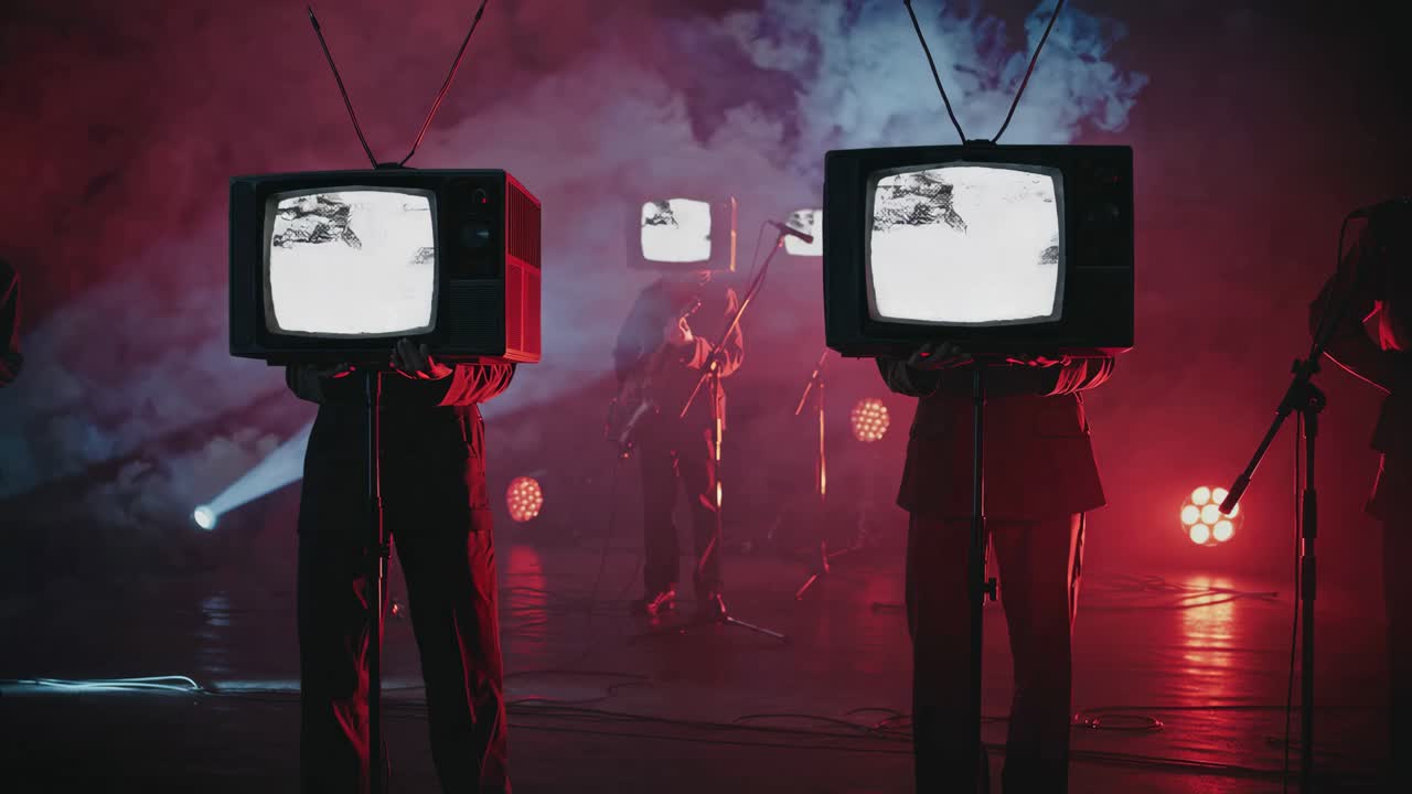 레트로 tv 헤드와 함께 밴드 공연