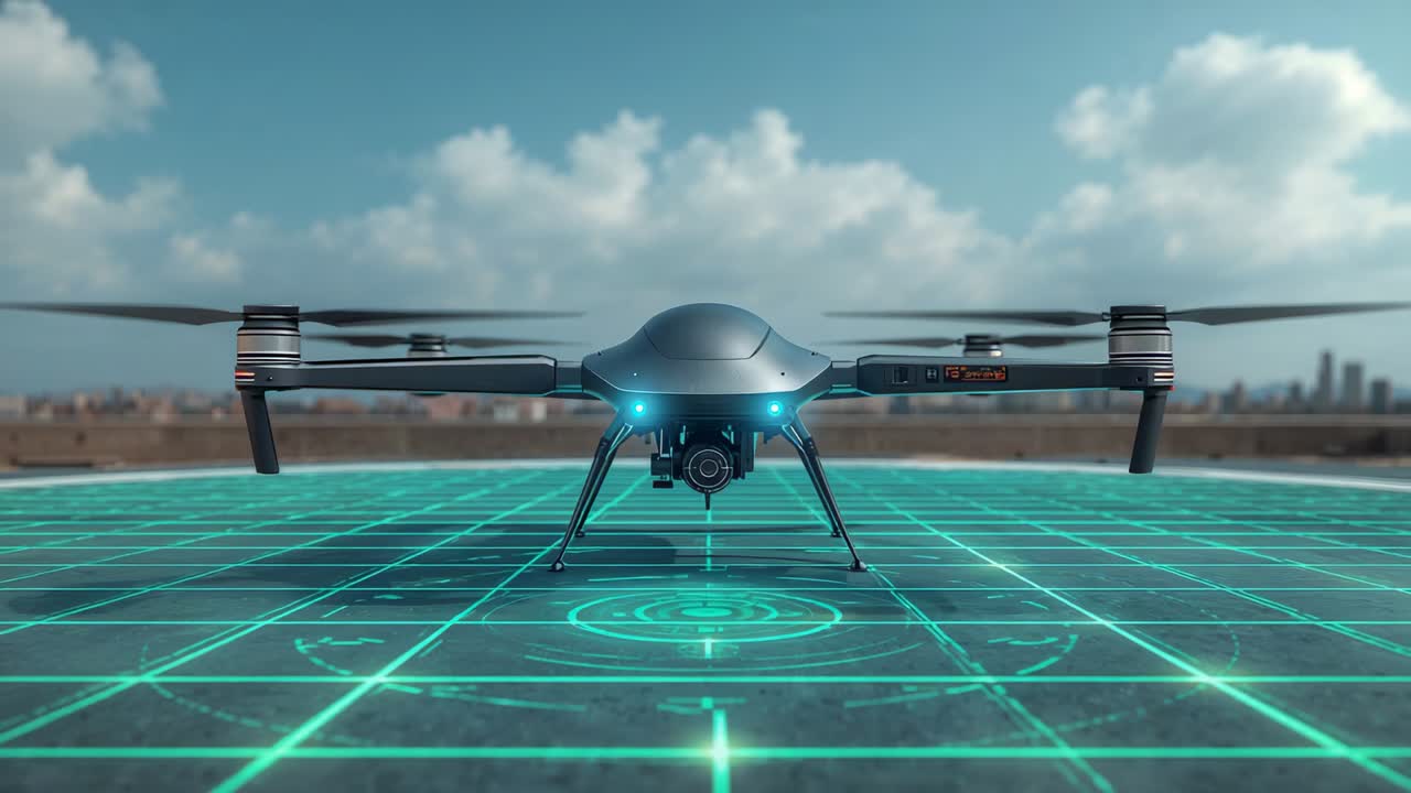 Spinning rotors sending drone rising from rooftop neon grid pad for takeoff with blue LEDs, gimbal