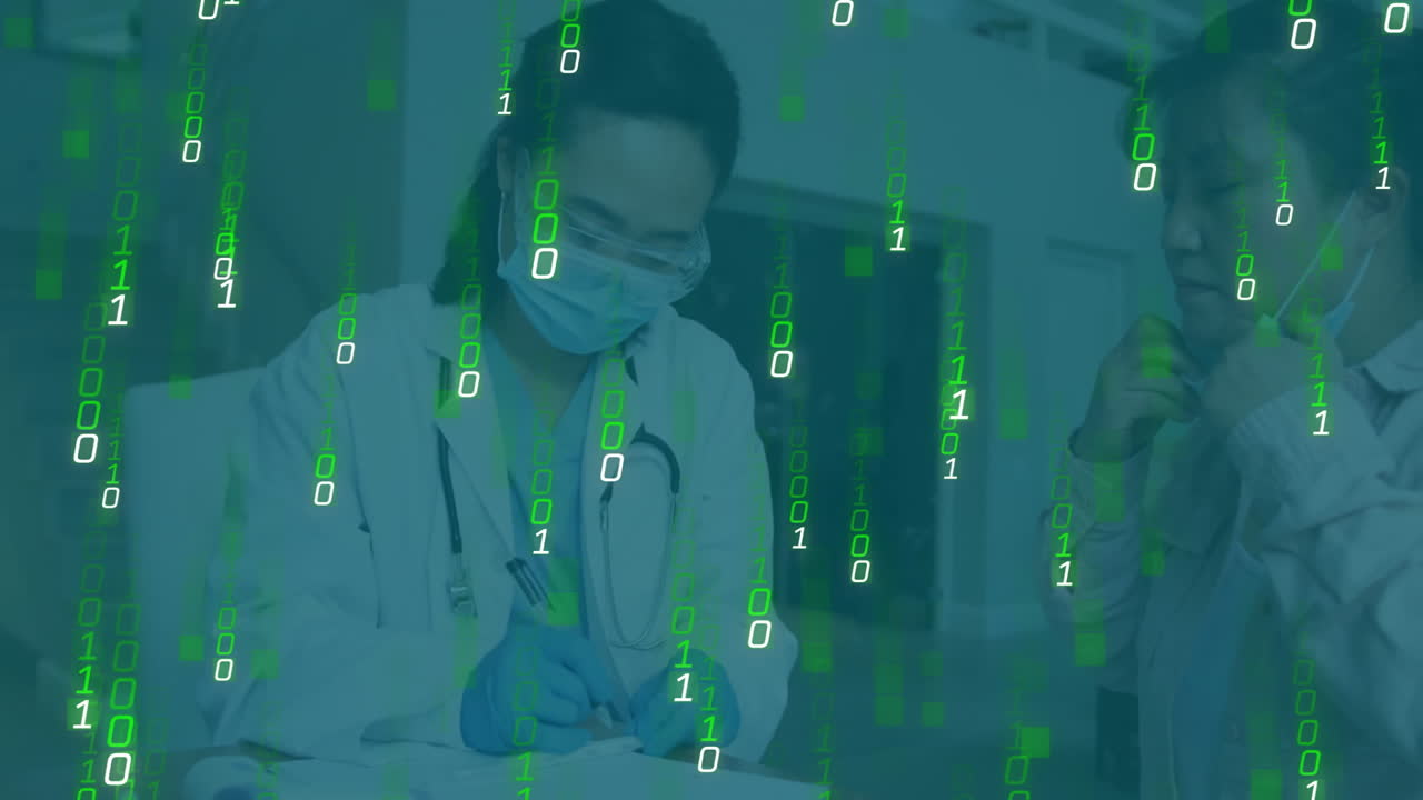 Female doctor writing chart in medical clinic, showing animated stethoscope icon and data graph