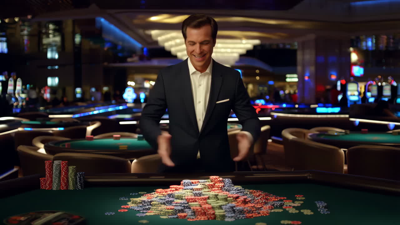 Man winning a large pot of poker chips in a casino