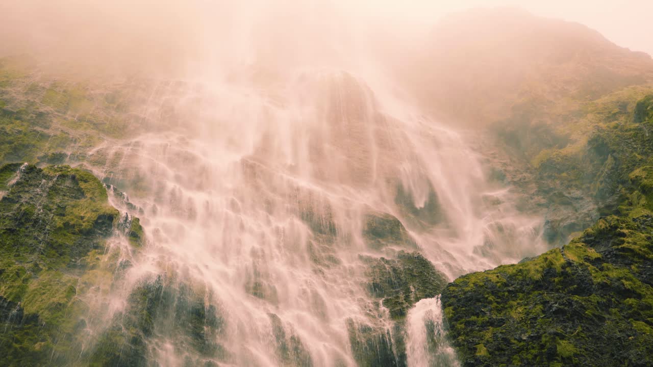 Cascada de fantasía onírica con agua de manantial limpia fluyendo por un acantilado con rocas cubiertas de musgo
