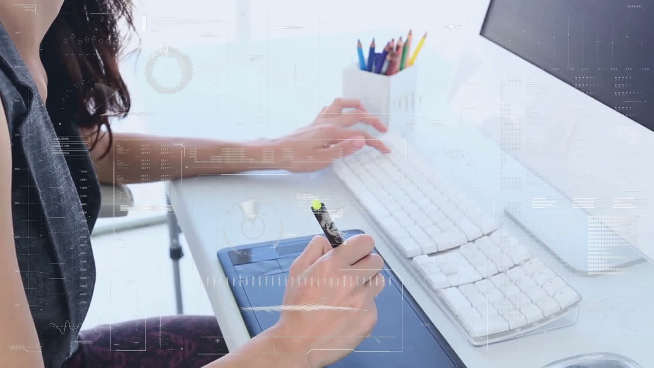Typing on keyboard and using graphic tablet, person working, data processing animation