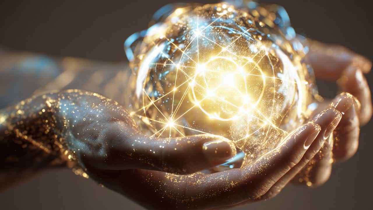 Woman's cupped hands, covered in shimmering gold glitter, carefully holding a glowing glass sphere containing a radiant, interconnected network representing global data and technology