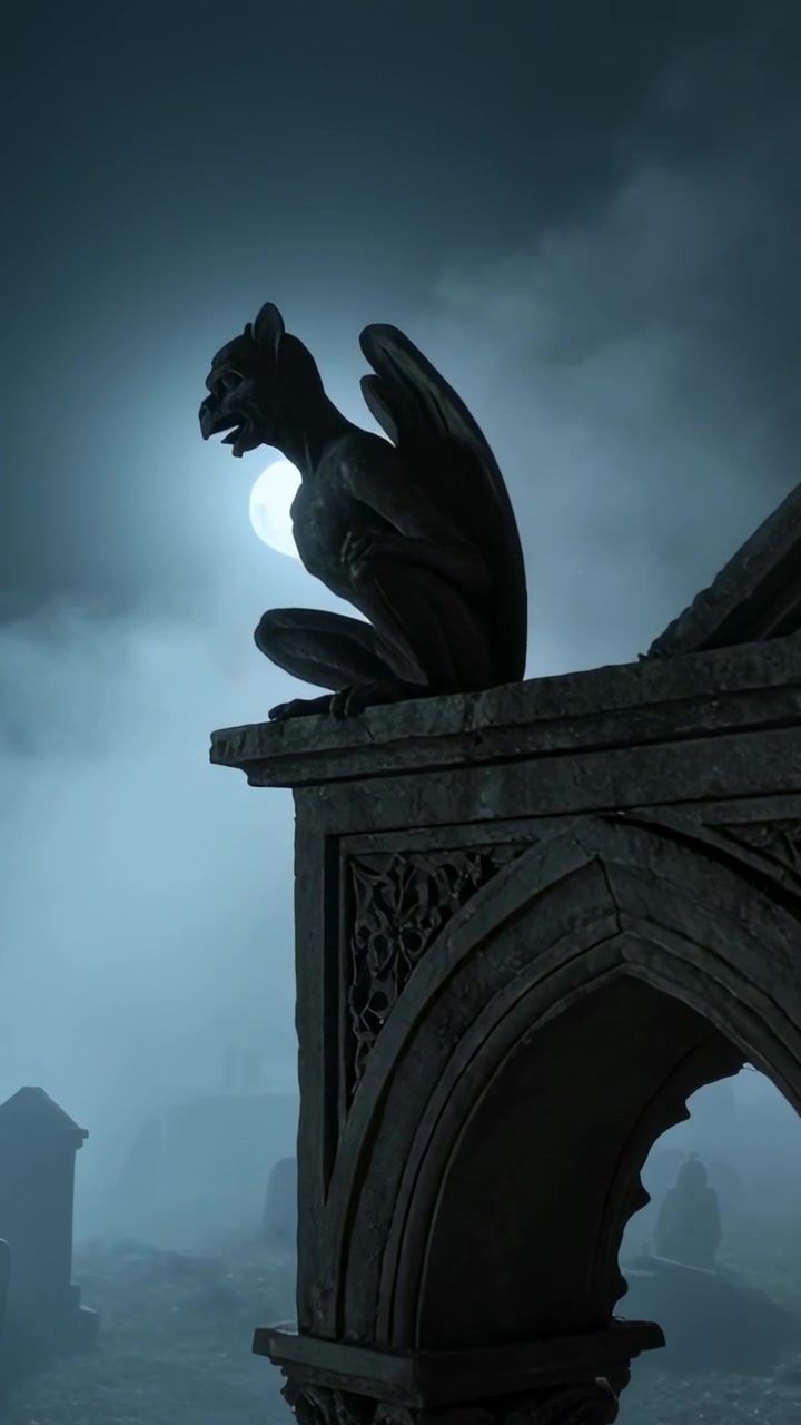 Video verticale: Telecamera in movimento che inquadra un gargoyle di pietra appollaiato su un arco intagliato sotto la nebbia della luna piena.