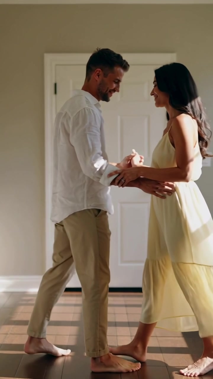 Video verticale: Coppia che si tiene per mano, in camicia e vestito bianchi, che balla amorevolmente nell'ingresso, porta bianca.