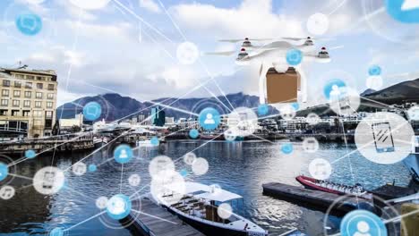animación de una red de iconos digitales contra un dron que lleva una caja de entrega en un puerto