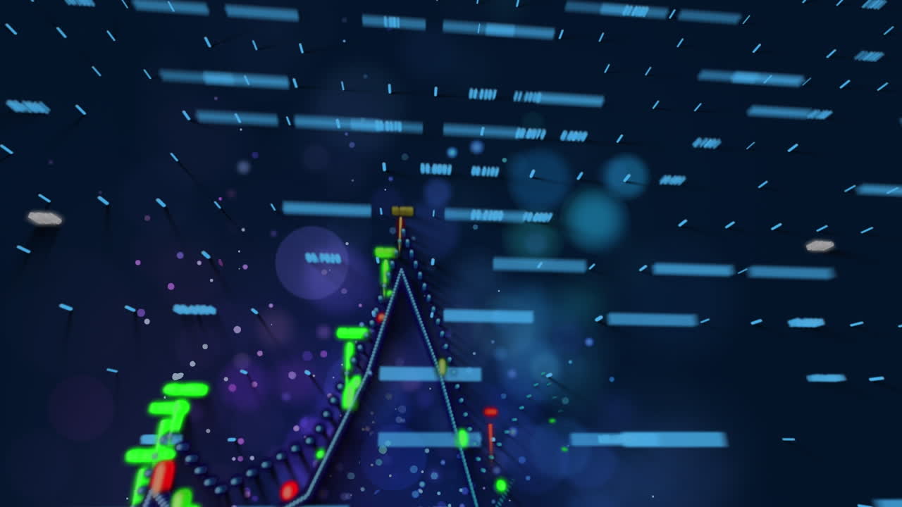 Animation of numbers changing and data processing with dots on dark background