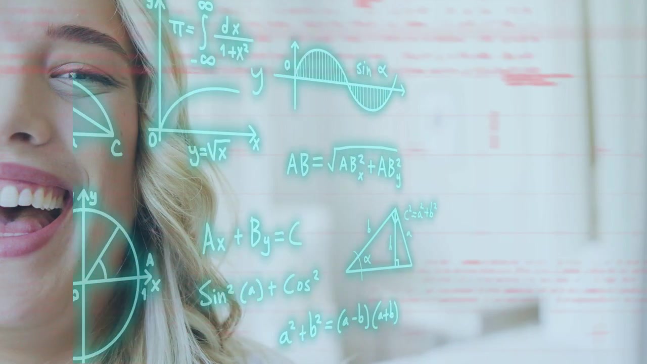 Woman smiling into laugh while semicircle drawing cyan STEM overlays at right illustrating math