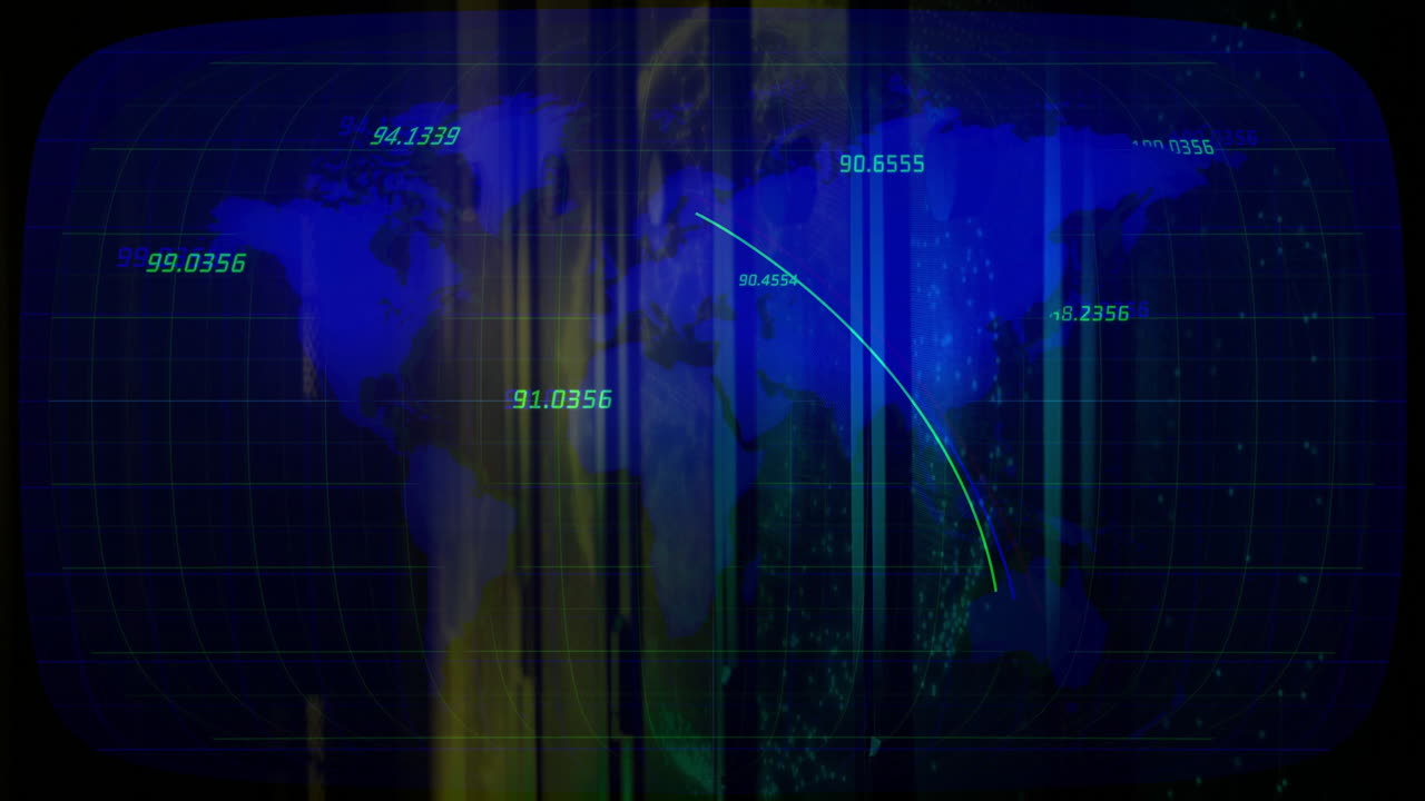 Animazione di una mappa del mondo con linee e dati numerici che mostrano connessioni
