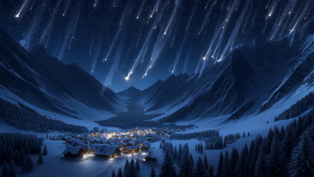Winter Village Under a Meteor Shower in a Snowy Mountain Valley ...