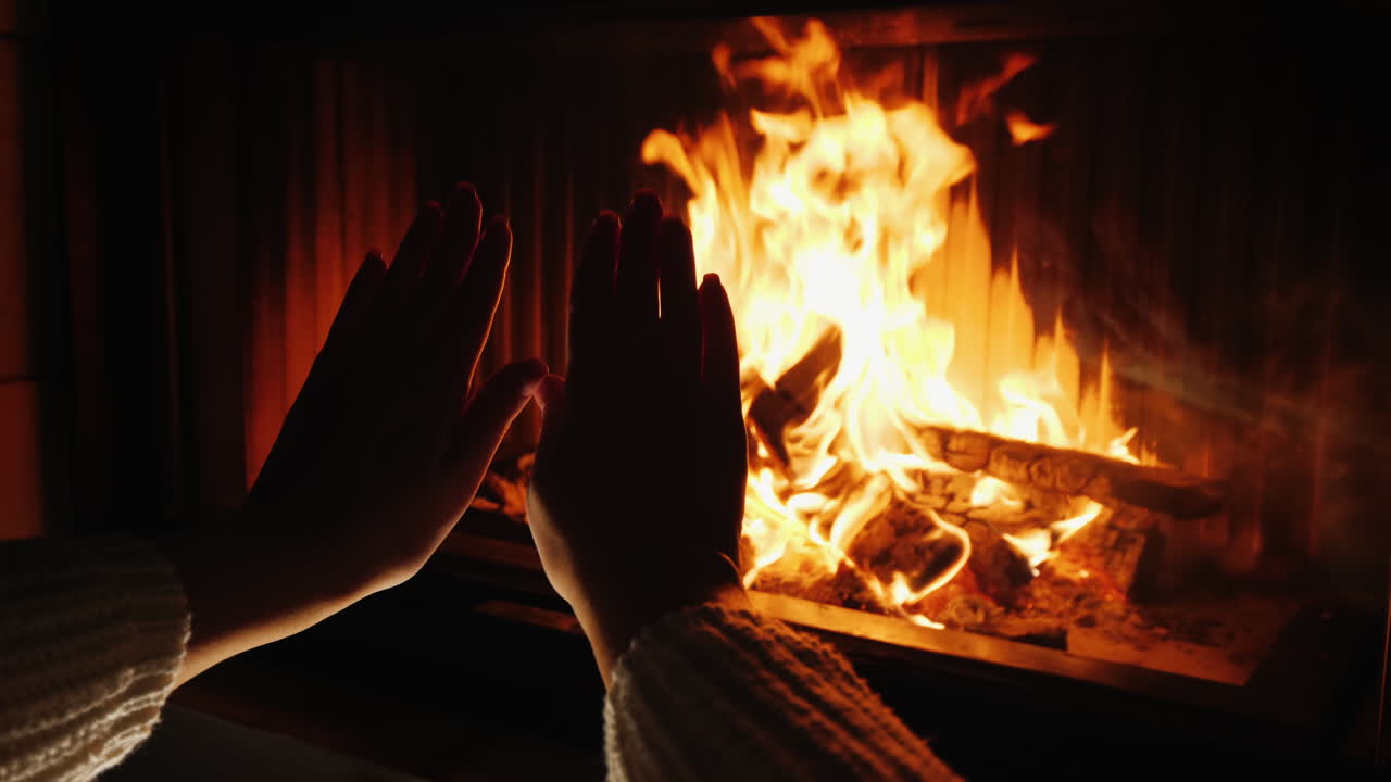 여자는 집에 있는 벽난로의 불로 손을 따뜻하게 한다