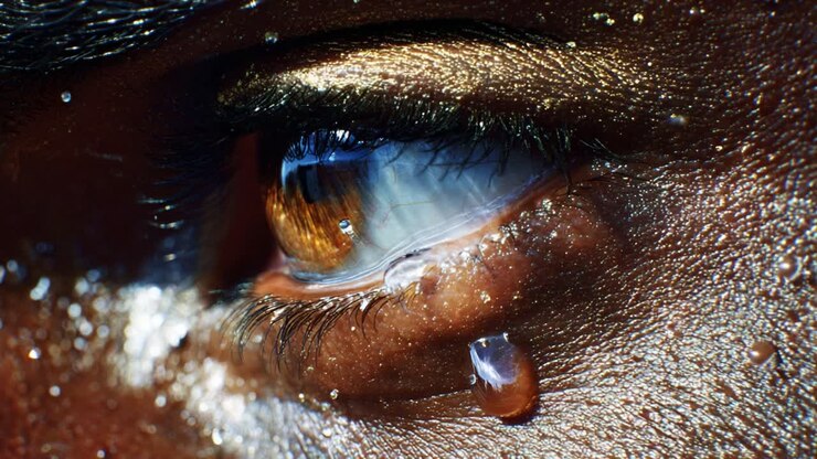 Een close-up van een oog, waarbij emotie en menselijkheid worden benadrukt door tranen en details, en de diepte van expressie en verbinding in een moment van kwetsbaarheid wordt getoond