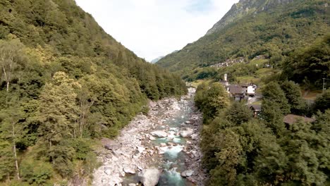 fpv aerial drone footage along river past lavertezzo, switzerland