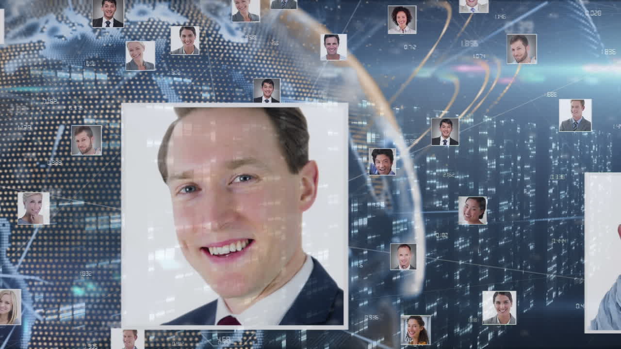 Animation of light trails and people icons with globe on blue background