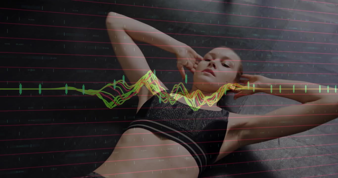 Female fitness pro prepping on mat, doing crunches, waveform overlay moving in sync for core